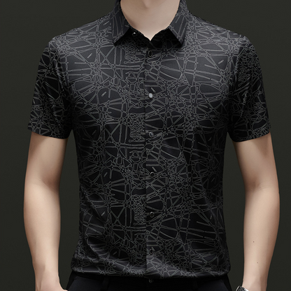 👔🎨💼 PROMO -50% ! Chemise Homme à Col & Manches Courtes – Motif Géométrique Abstrait, Tissu Léger & Infroissable (Noir/Blanc, M-2XL)