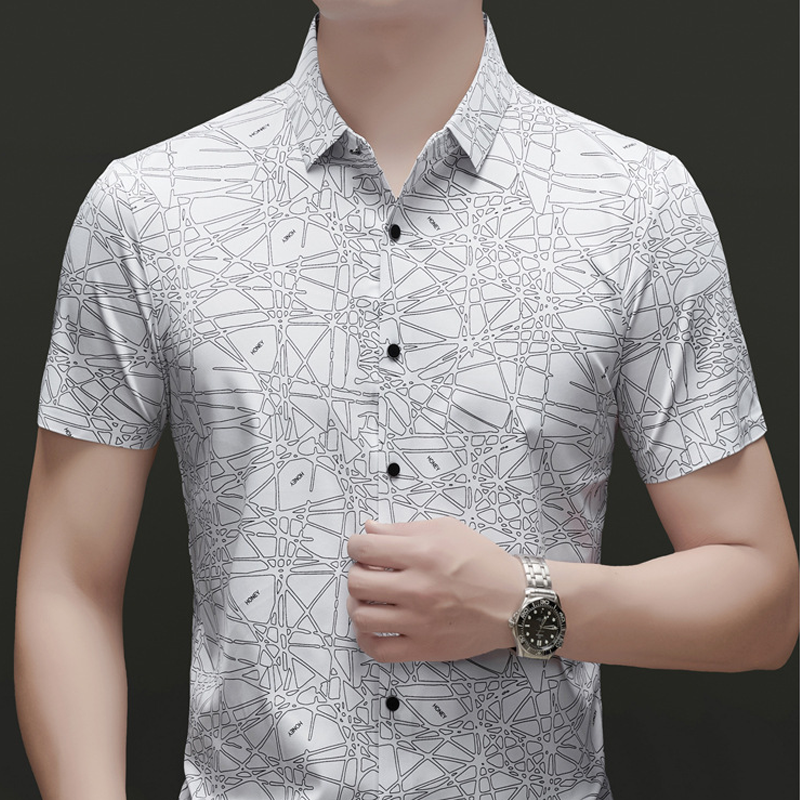 👔🎨💼 PROMO -50% ! Chemise Homme à Col & Manches Courtes – Motif Géométrique Abstrait, Tissu Léger & Infroissable (Noir/Blanc, M-2XL)