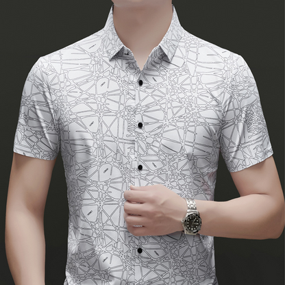 👔🎨💼 PROMO -50% ! Chemise Homme à Col & Manches Courtes – Motif Géométrique Abstrait, Tissu Léger & Infroissable (Noir/Blanc, M-2XL)