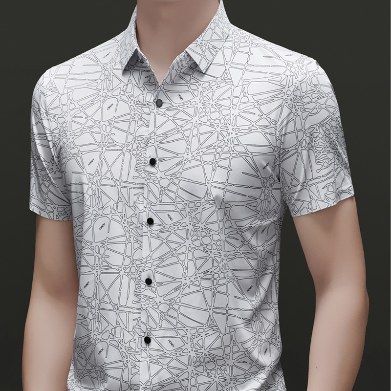 👔🎨💼 PROMO -50% ! Chemise Homme à Col & Manches Courtes – Motif Géométrique Abstrait, Tissu Léger & Infroissable (Noir/Blanc, M-2XL)