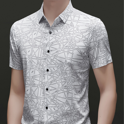 👔🎨💼 PROMO -50% ! Chemise Homme à Col & Manches Courtes – Motif Géométrique Abstrait, Tissu Léger & Infroissable (Noir/Blanc, M-2XL)