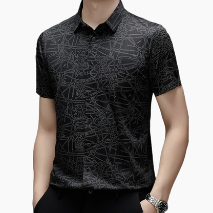 👔🎨💼 PROMO -50% ! Chemise Homme à Col & Manches Courtes – Motif Géométrique Abstrait, Tissu Léger & Infroissable (Noir/Blanc, M-2XL)