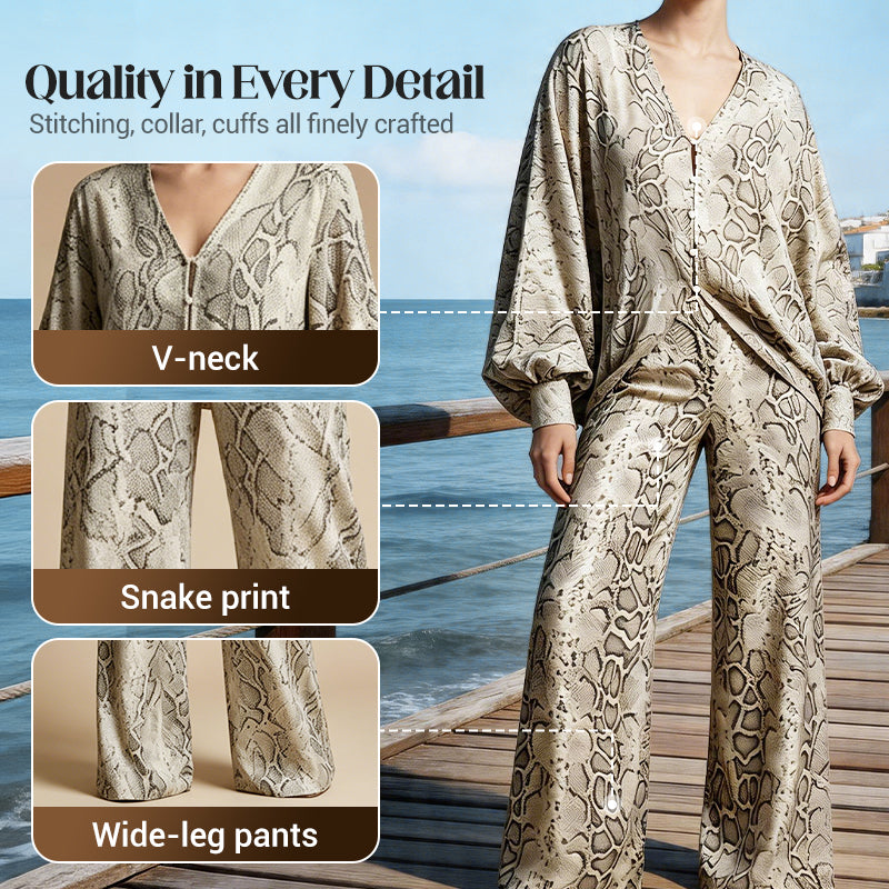 Ensemble femme composé d'un haut à imprimé serpent et d'un pantalon à jambes larges