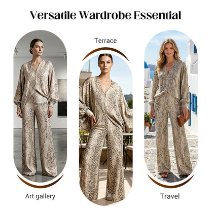Ensemble femme composé d'un haut à imprimé serpent et d'un pantalon à jambes larges