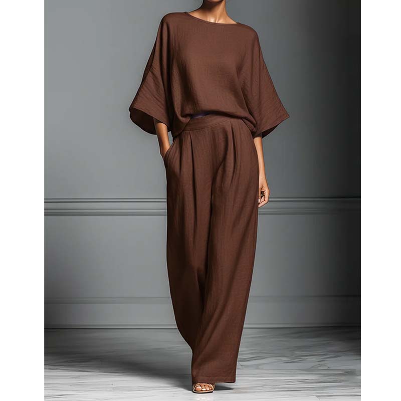🏆 Ensemble deux pièces femme – Haut ample & pantalon large – Tissu fluide, coupe confortable & look élégant – parfait pour le bureau, les voyages ou les journées d’été 🌸
