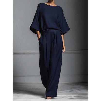 🏆 Ensemble deux pièces femme – Haut ample & pantalon large – Tissu fluide, coupe confortable & look élégant – parfait pour le bureau, les voyages ou les journées d’été 🌸