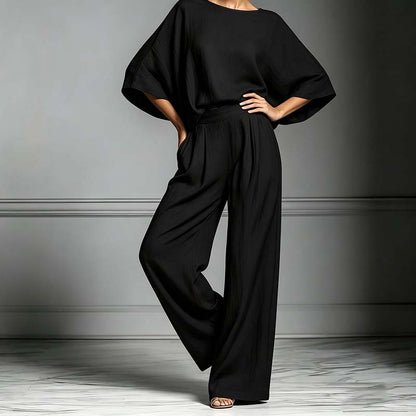 🏆 Ensemble deux pièces femme – Haut ample & pantalon large – Tissu fluide, coupe confortable & look élégant – parfait pour le bureau, les voyages ou les journées d’été 🌸