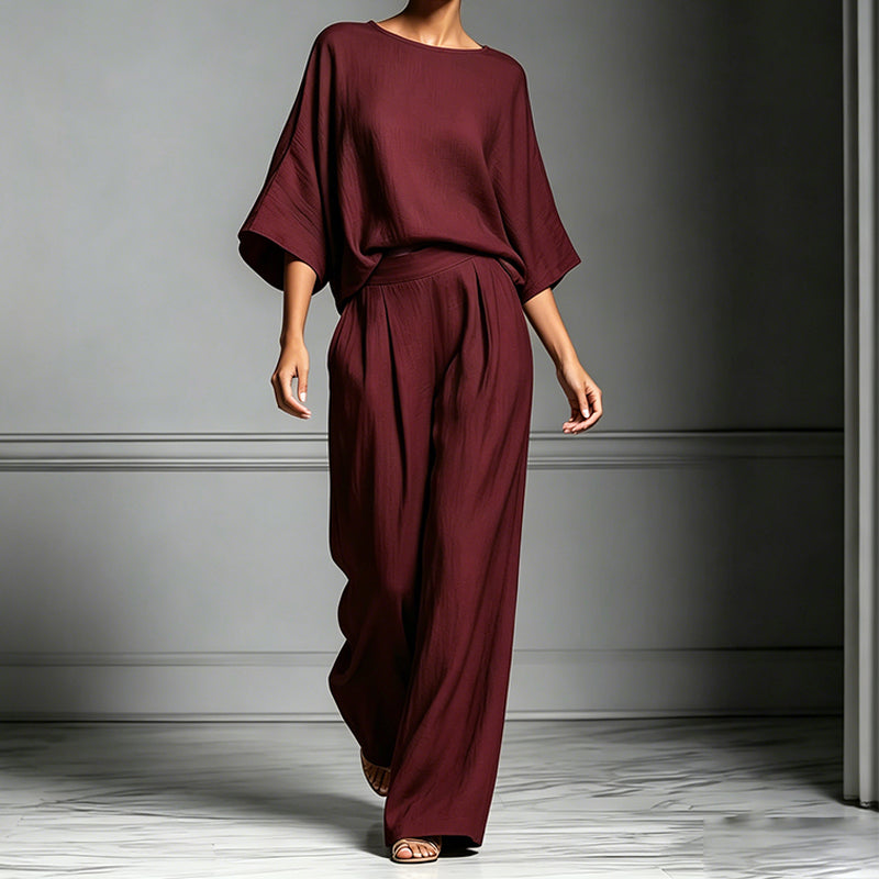 🏆 Ensemble deux pièces femme – Haut ample & pantalon large – Tissu fluide, coupe confortable & look élégant – parfait pour le bureau, les voyages ou les journées d’été 🌸