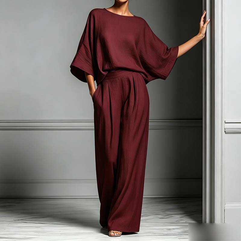 🏆 Ensemble deux pièces femme – Haut ample & pantalon large – Tissu fluide, coupe confortable & look élégant – parfait pour le bureau, les voyages ou les journées d’été 🌸