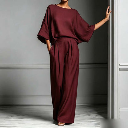 🏆 Ensemble deux pièces femme – Haut ample & pantalon large – Tissu fluide, coupe confortable & look élégant – parfait pour le bureau, les voyages ou les journées d’été 🌸