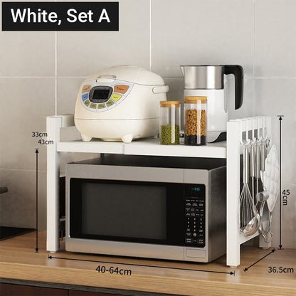 💥50% DE RÉDUCTION🍽️ Étagère extensible pour micro-ondes avec crochets – gain de place dans la cuisine, idéale pour les accessoires et les épices 🔧✨
