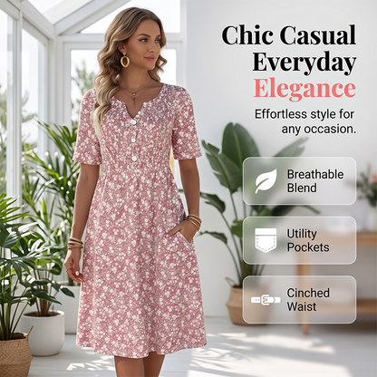 ⏳Offre limitée dans le temps : 50 % de réduction⏰Robe imprimée décontractée à col en V et poches pour femme💐👗