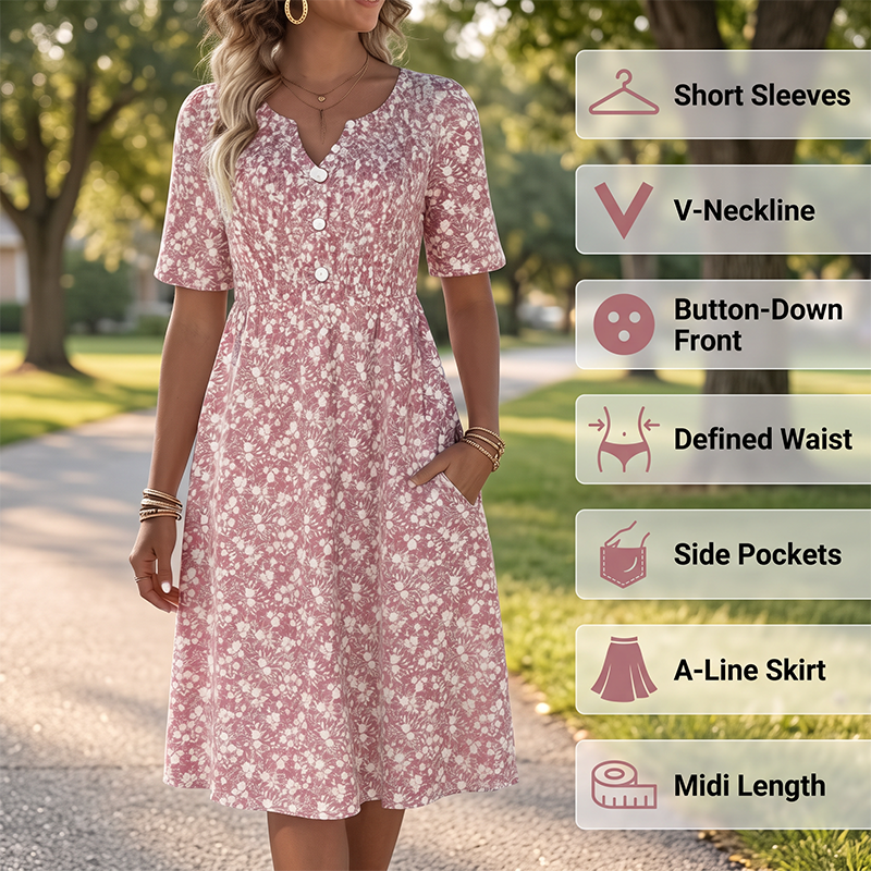 ⏳Offre limitée dans le temps : 50 % de réduction⏰Robe imprimée décontractée à col en V et poches pour femme💐👗