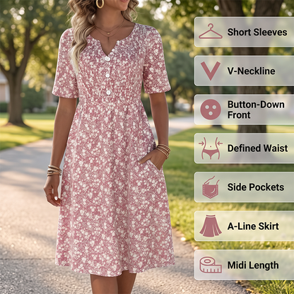 ⏳Offre limitée dans le temps : 50 % de réduction⏰Robe imprimée décontractée à col en V et poches pour femme💐👗