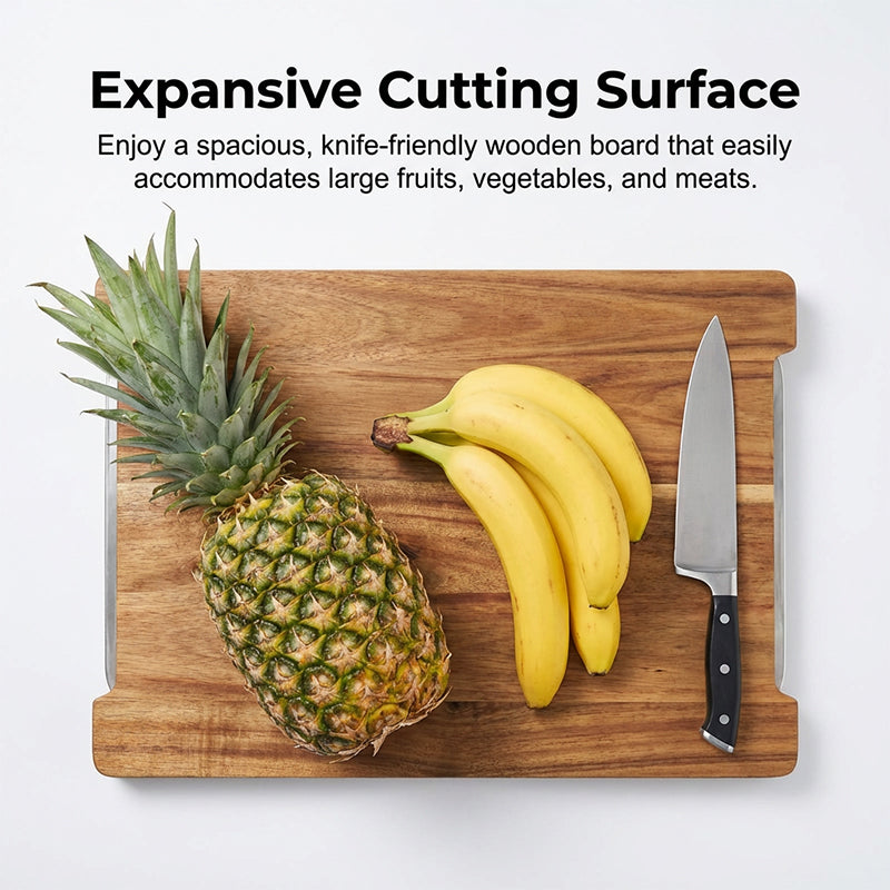 🔪 50% DE RÉDUCTION! 🥗 Planche à Découper en Bois & Acier Inoxydable – Bacs coulissants intégrés, durable & facile à nettoyer – Parfaite pour une cuisine organisée 🧑‍🍳