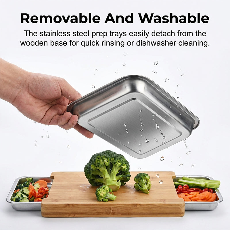 🔪 50% DE RÉDUCTION! 🥗 Planche à Découper en Bois & Acier Inoxydable – Bacs coulissants intégrés, durable & facile à nettoyer – Parfaite pour une cuisine organisée 🧑‍🍳