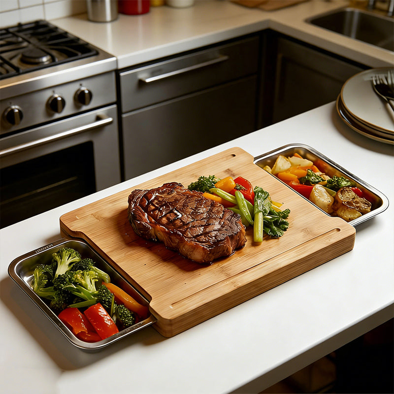 🔪 50% DE RÉDUCTION! 🥗 Planche à Découper en Bois & Acier Inoxydable – Bacs coulissants intégrés, durable & facile à nettoyer – Parfaite pour une cuisine organisée 🧑‍🍳
