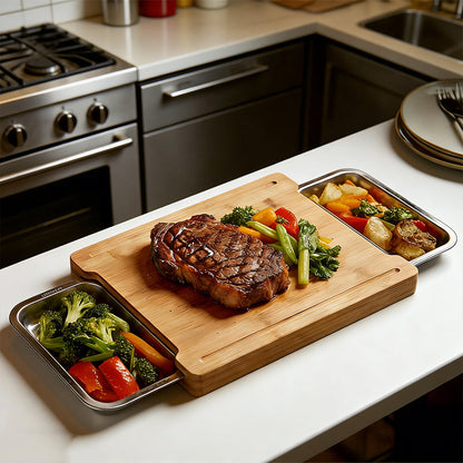 🔪 50% DE RÉDUCTION! 🥗 Planche à Découper en Bois & Acier Inoxydable – Bacs coulissants intégrés, durable & facile à nettoyer – Parfaite pour une cuisine organisée 🧑‍🍳