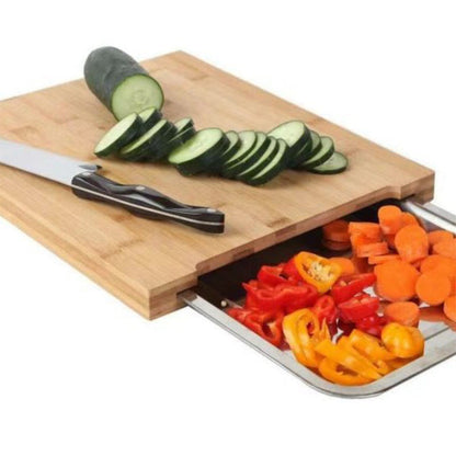 🔪 50% DE RÉDUCTION! 🥗 Planche à Découper en Bois & Acier Inoxydable – Bacs coulissants intégrés, durable & facile à nettoyer – Parfaite pour une cuisine organisée 🧑‍🍳