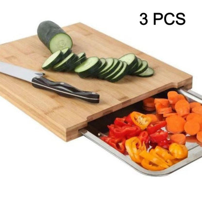 🔪 50% DE RÉDUCTION! 🥗 Planche à Découper en Bois & Acier Inoxydable – Bacs coulissants intégrés, durable & facile à nettoyer – Parfaite pour une cuisine organisée 🧑‍🍳