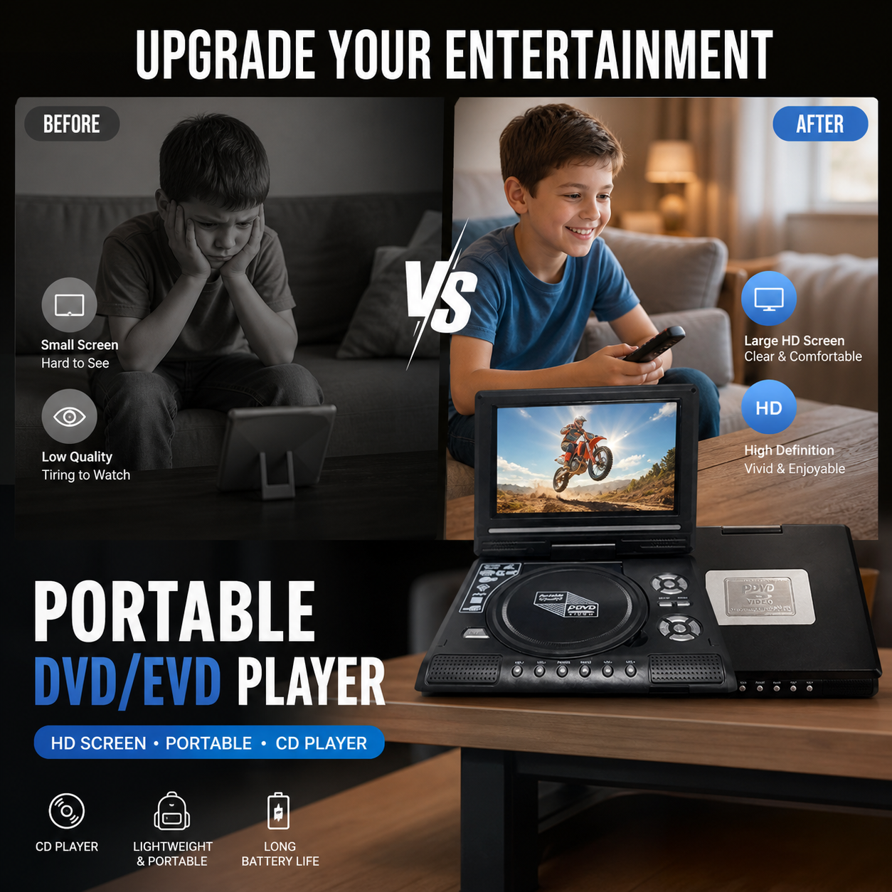 📺 58 % DE RÉDUCTION !!! 💿 Lecteur DVD/EVD portable HD 7,8 pouces – Grand écran, rechargeable et compatible DVD/CD/USB/SD – Parfait pour la maison et les voyages.