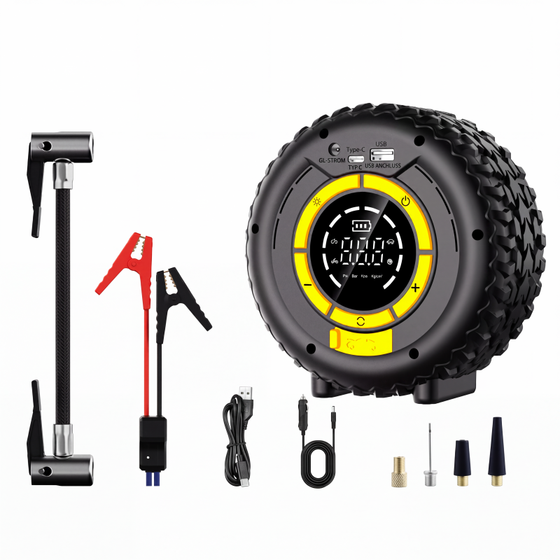 🚗 2-en-1 : Aide-démarrage + Gonfleur de pneus 🔋 — Compresseur portable puissant, compact et fiable ⚡ Idéal pour les urgences routières 🛠️