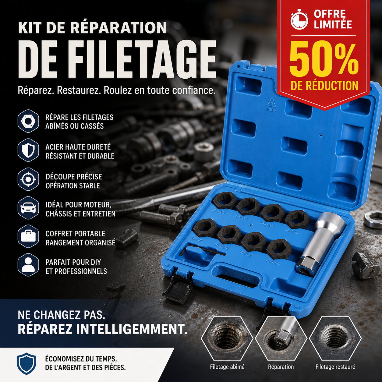 ✨🚗 -50% ! 🔧Lot de 10 Outils de Réparation de Filetages Auto – Acier HSS & Inserts Inox, Kit M5–M12.